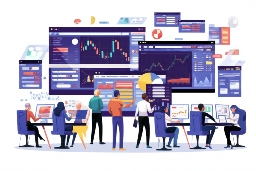 diverse group of traders using MetaTrader 4 platform with charts in global forex markets