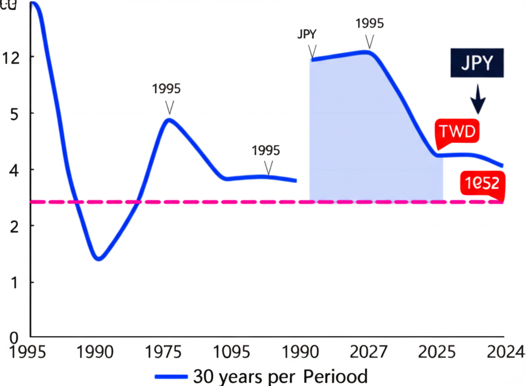 日幣兌台幣三十年匯率時間線,標註一九九五年高點與二零二二至二零二四年低點