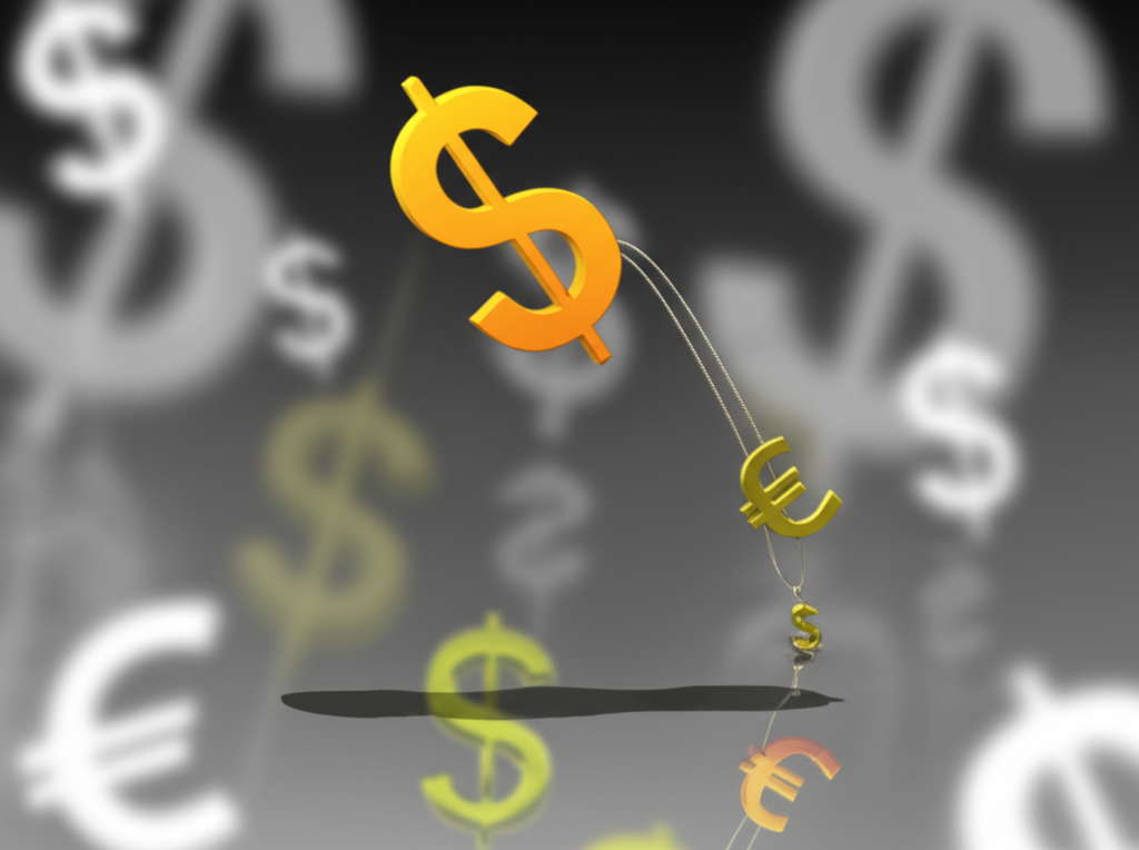 歐元符號被大型美元符號拉下,背景有小型台幣符號,反映匯率動態