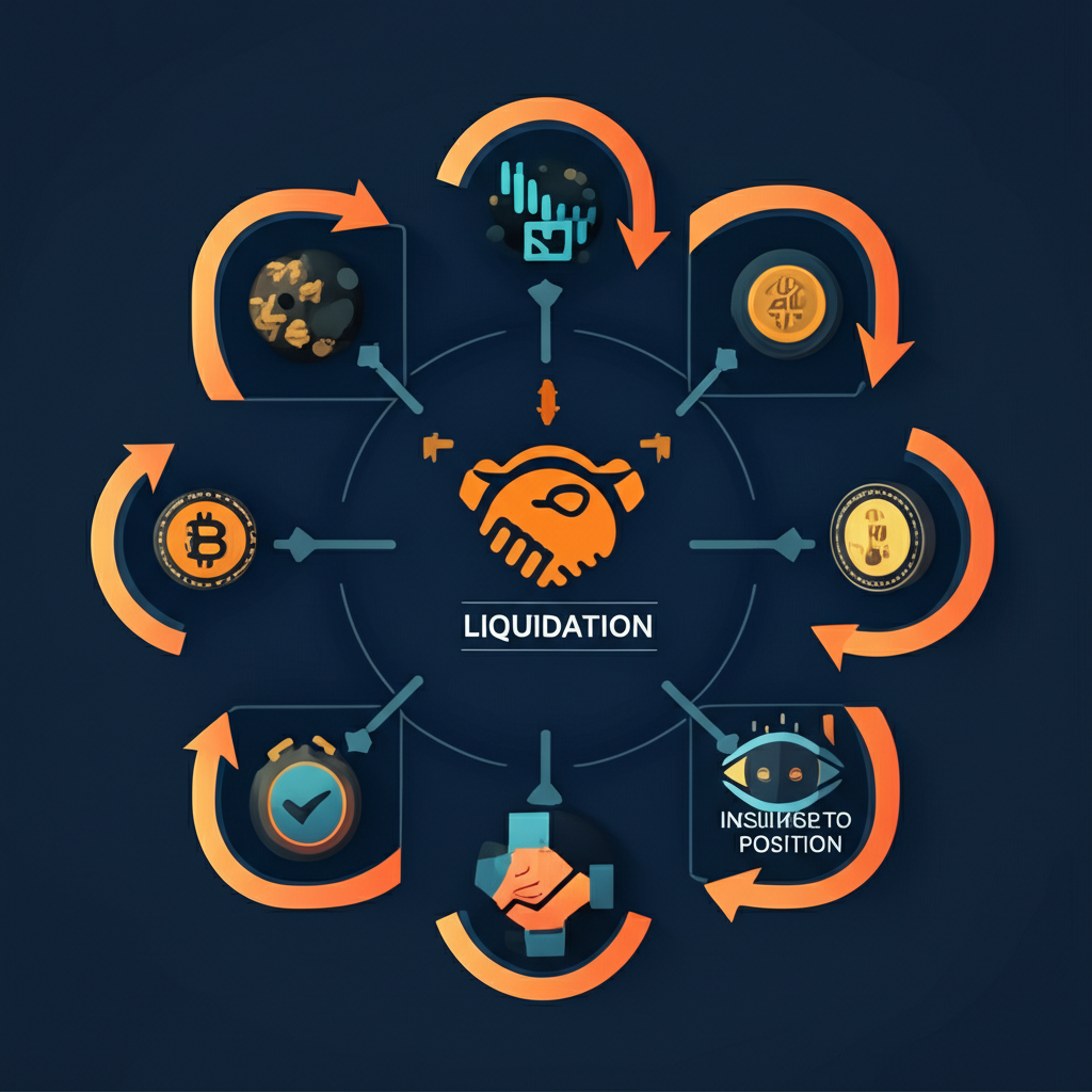 illustration of a concept diagram explaining cryptocurrency liquidation as forced closing of positions due to insufficient margin in a digital trading interface with arrows and key terms