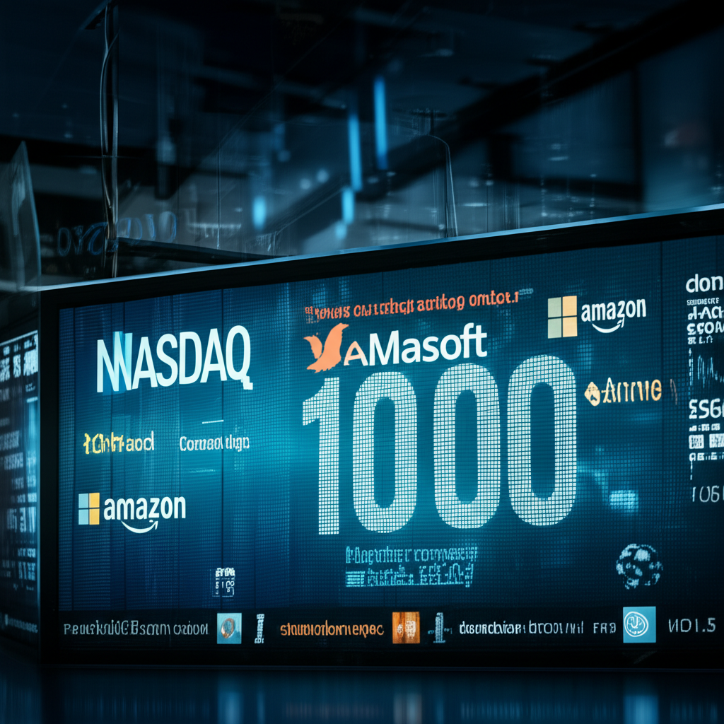 數位股票交易所繁忙場景,顯示納斯達克100指數和大螢幕上的蘋果、微軟、亞馬遜等科技公司標誌