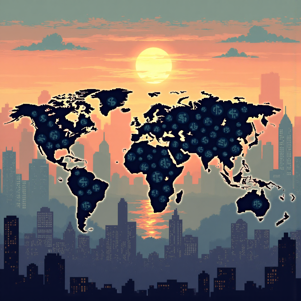 全球經濟互聯插圖,展示貨幣符號在洲際間流動,背景為多元城市景觀沐浴在溫暖日出光輝中