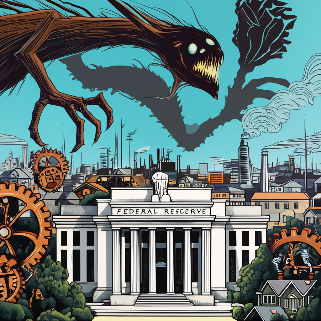 聯準會建築與利率上升齒輪及通膨怪物的經濟壓力插圖