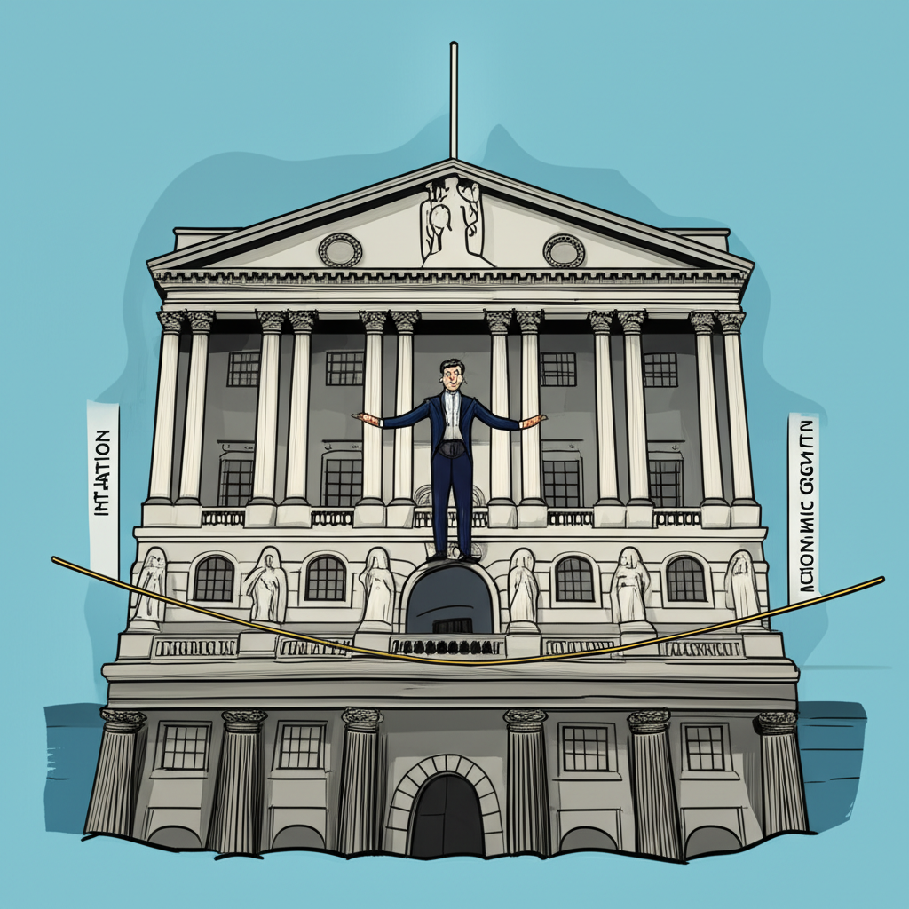 An illustration of the Bank of England building with a tightrope walker representing the central bank balancing inflation and economic growth