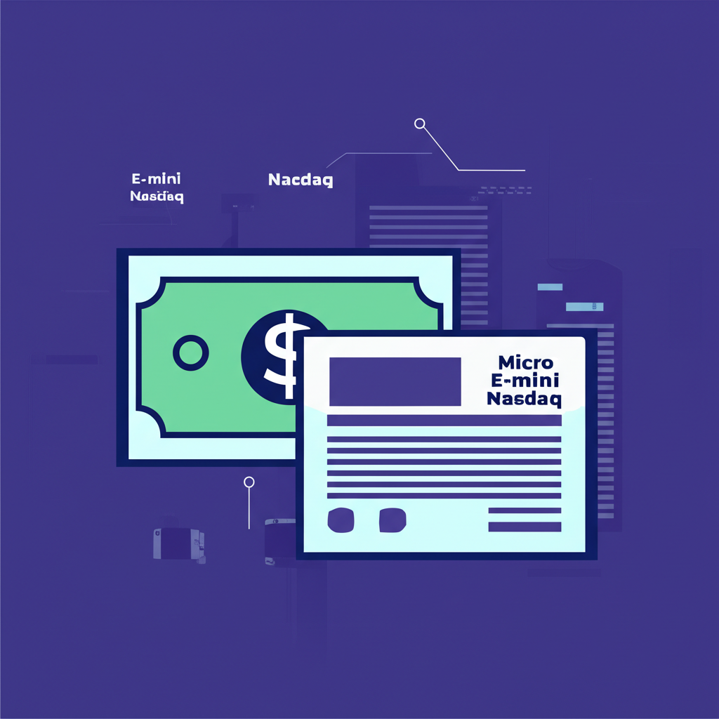 比較E-mini Nasdaq和Micro E-mini Nasdaq期貨合約的圖示,大小不同並標示貨幣價值,突出規模差異