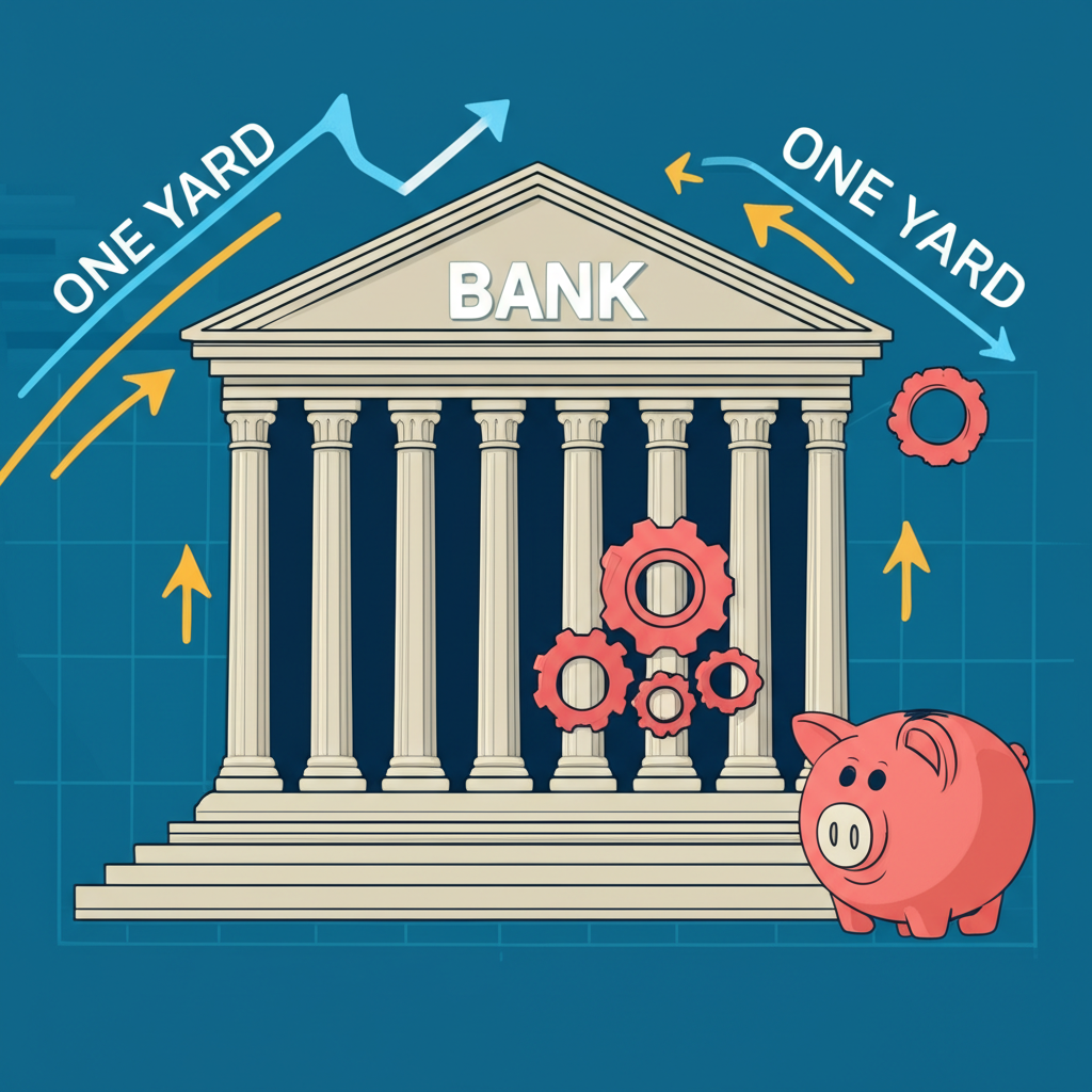 中央銀行建築與齒輪箭頭象徵貨幣政策和利率調整，標示一碼影響存錢罐與經濟趨勢圖表