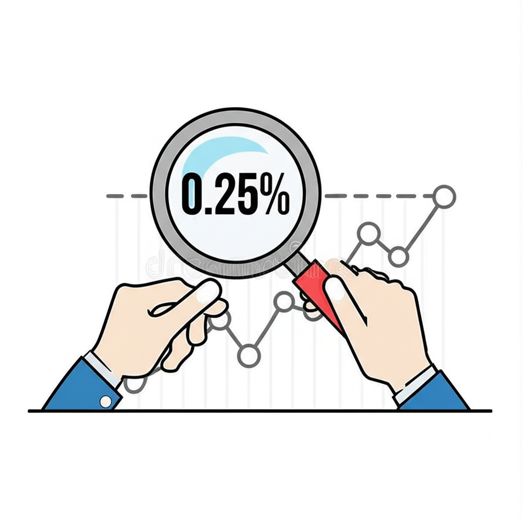 金融報價機顯示0.25%與放大鏡及利率波動圖表，代表金融中一碼的量化定義