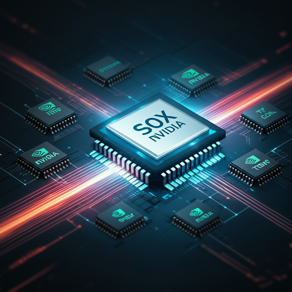 全球半導體晶片網路與資料流示意圖，代表費城半導體指數 SOX 追蹤設計、製造、設備與銷售公司如 NVIDIA 和台積電