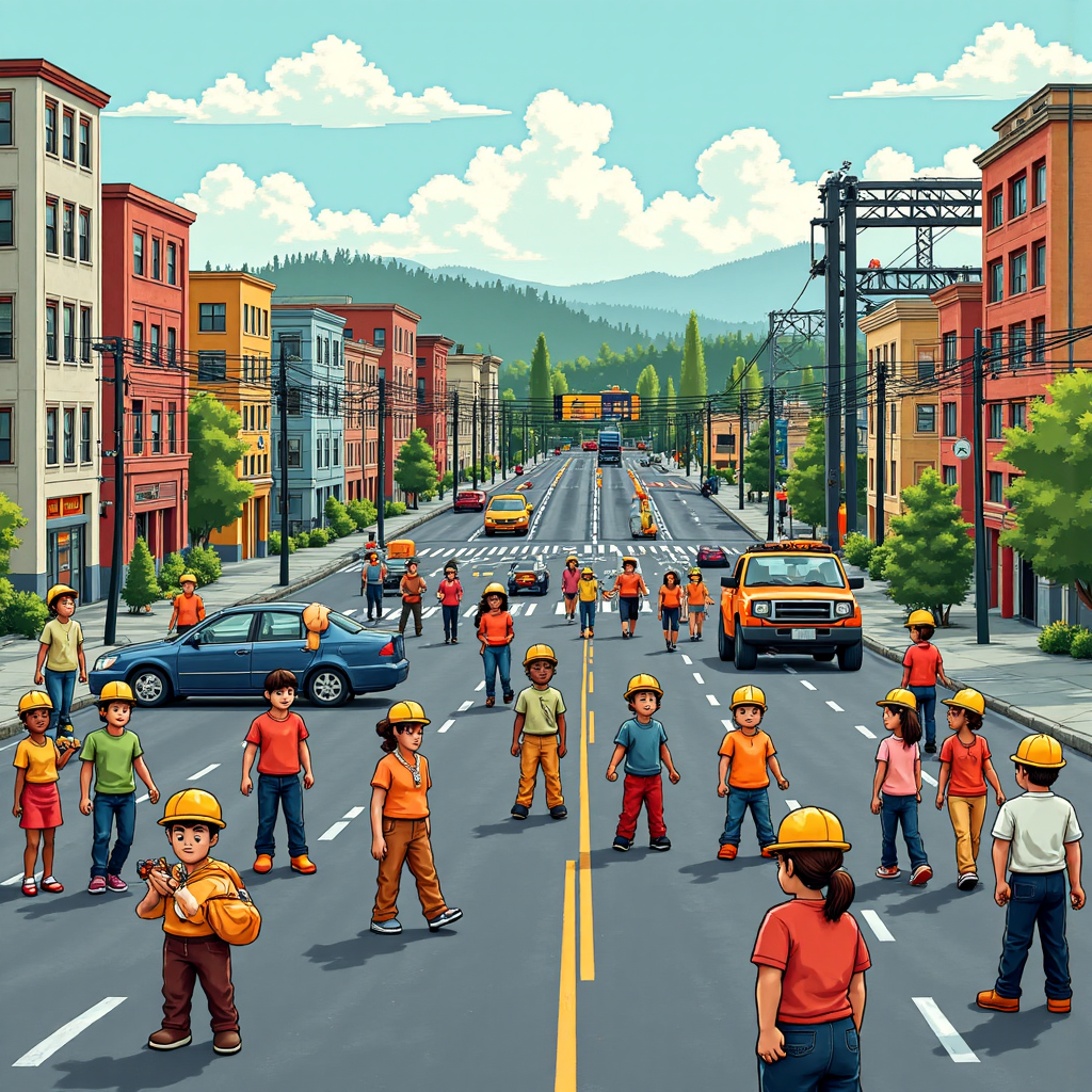 多樣化市民受益於改善基礎設施如橋樑和道路的動態卡通風格繪畫，象徵繁榮與就業創造的希望氛圍，像素藝術