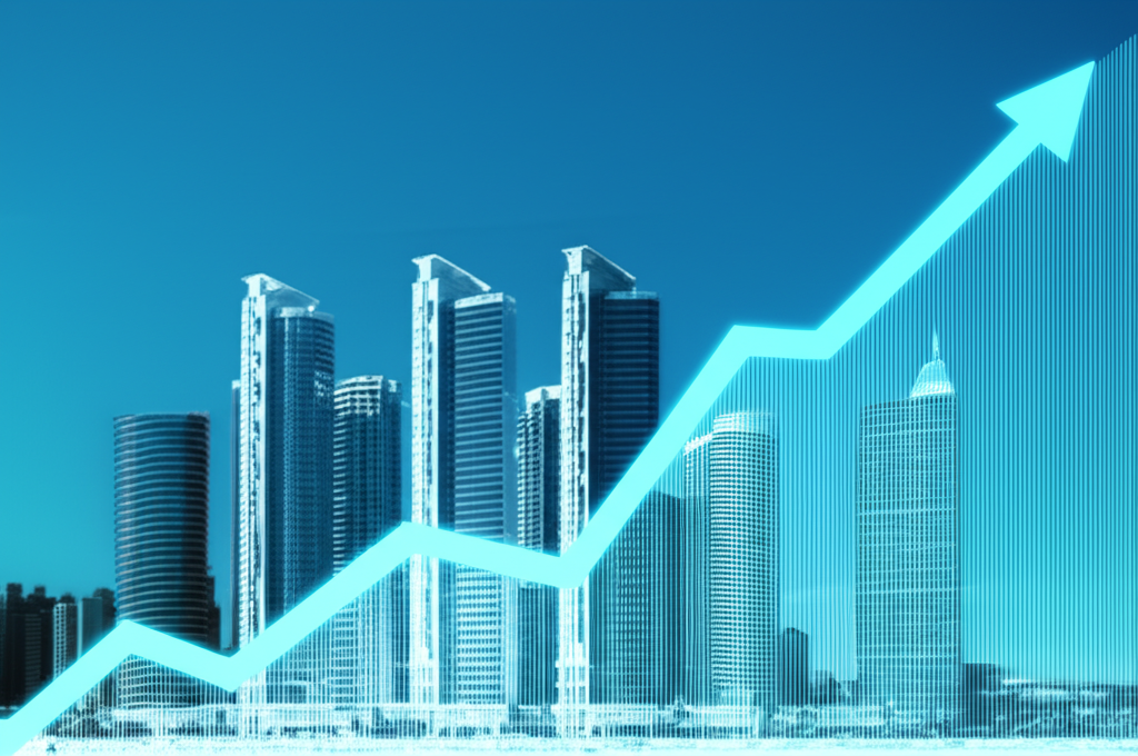 現代城市天際線插圖,展示代表創新科技、生物科技和軟體公司的摩天大樓,在上升的納斯達克圖表下蓬勃發展,象徵高成長產業的信心