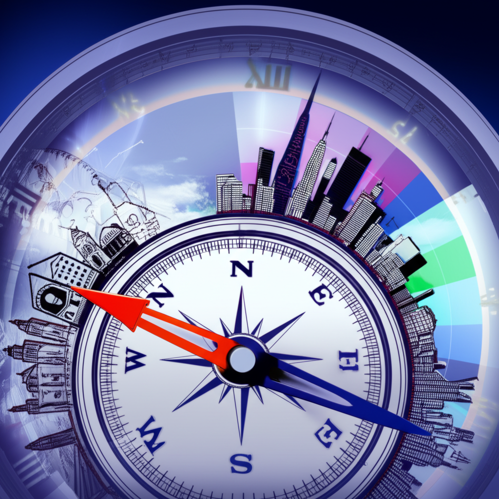 指南針指向歐美城市與夜間時鐘及恆指圖表的插圖