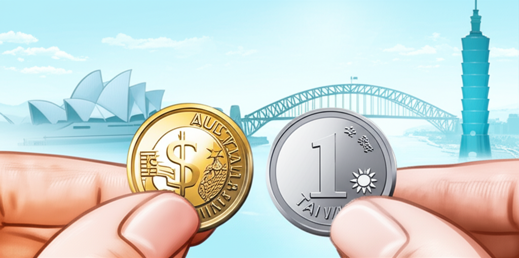 一位手持澳幣與台幣硬幣的插圖,背景有雪梨歌劇院與台北101,象徵旅遊、留學與投資機會
