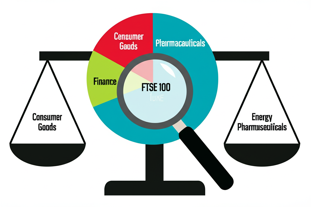 FTSE 100 成分股的餅圖或平衡秤,顯示金融、能源、消費品、醫藥與礦業等領域