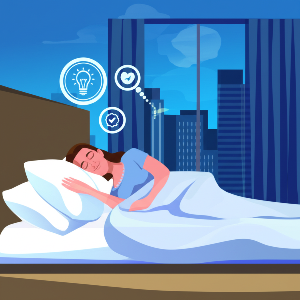 和平安睡的插圖,象徵健康、思維清晰與生產力,背景為寧靜都市天際線