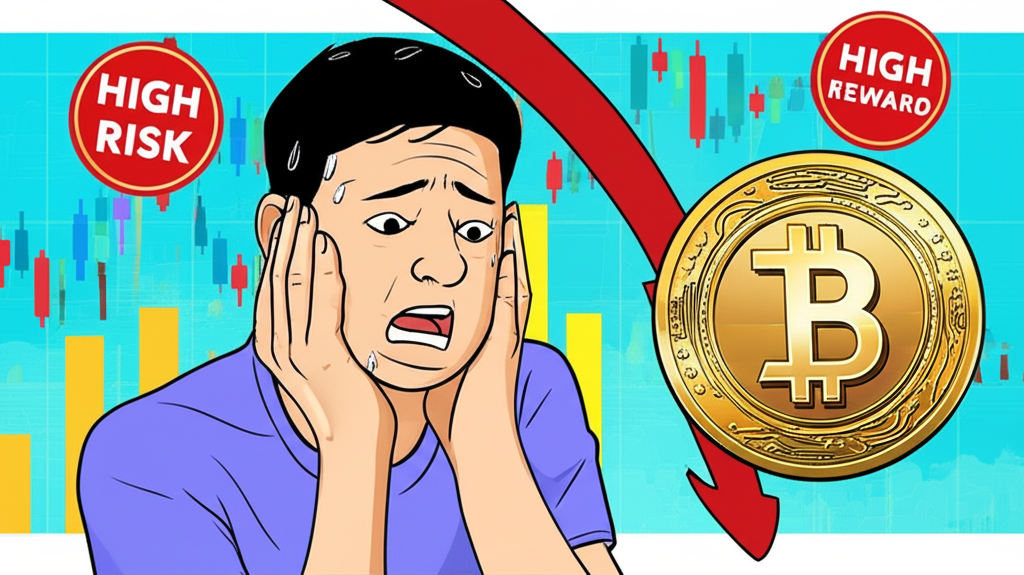 illustration of a person looking anxious in front of a volatile cryptocurrency chart with high risk and high reward symbols a digital coin falling rapidly and showing a worried expression