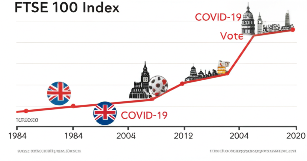 FTSE 100 指數從 1984 年至今的時間線,標註科技泡沫、金融危機、脫歐與疫情等歷史事件