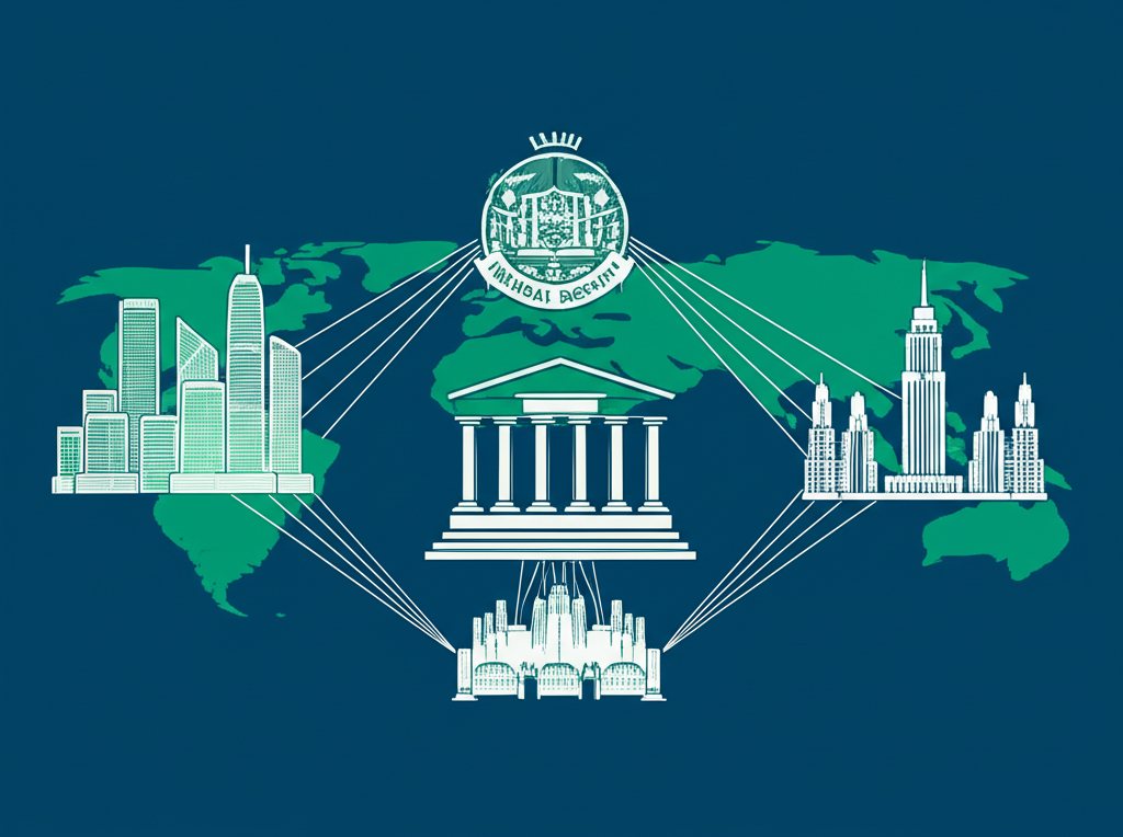 聯準會作為全球經濟核心的金融系統插圖