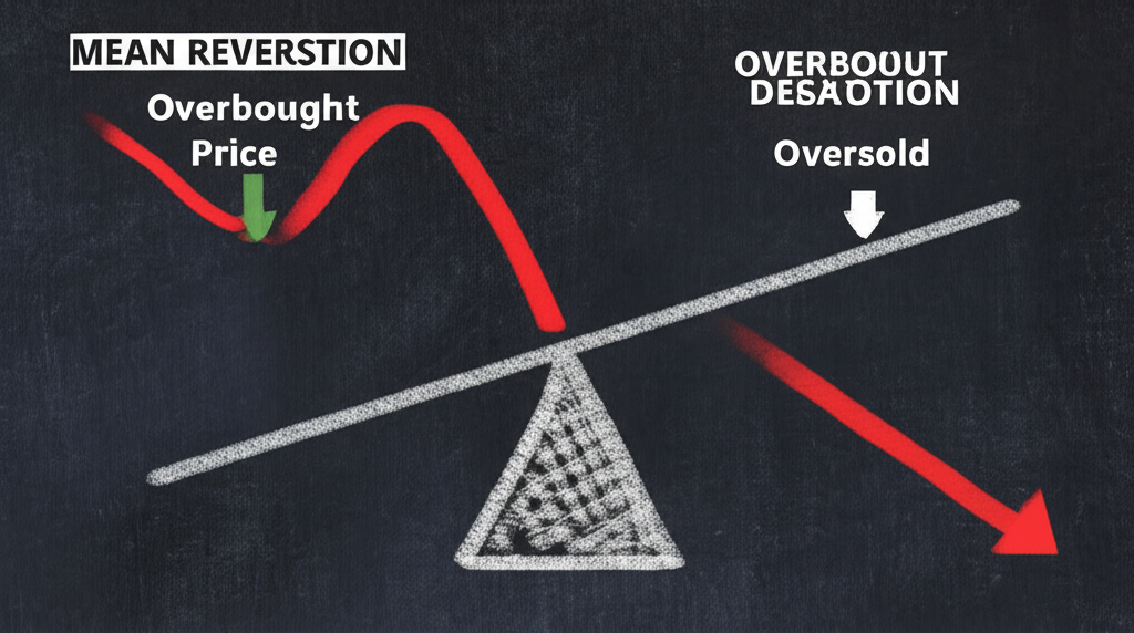 跷跷板圖示顯示股價上下波動與均值回歸概念,標示超買超賣區
