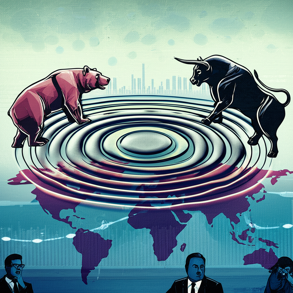 美股市場波動影響全球經濟的插圖，顯示牛熊圖標與世界地圖上的漣漪效應