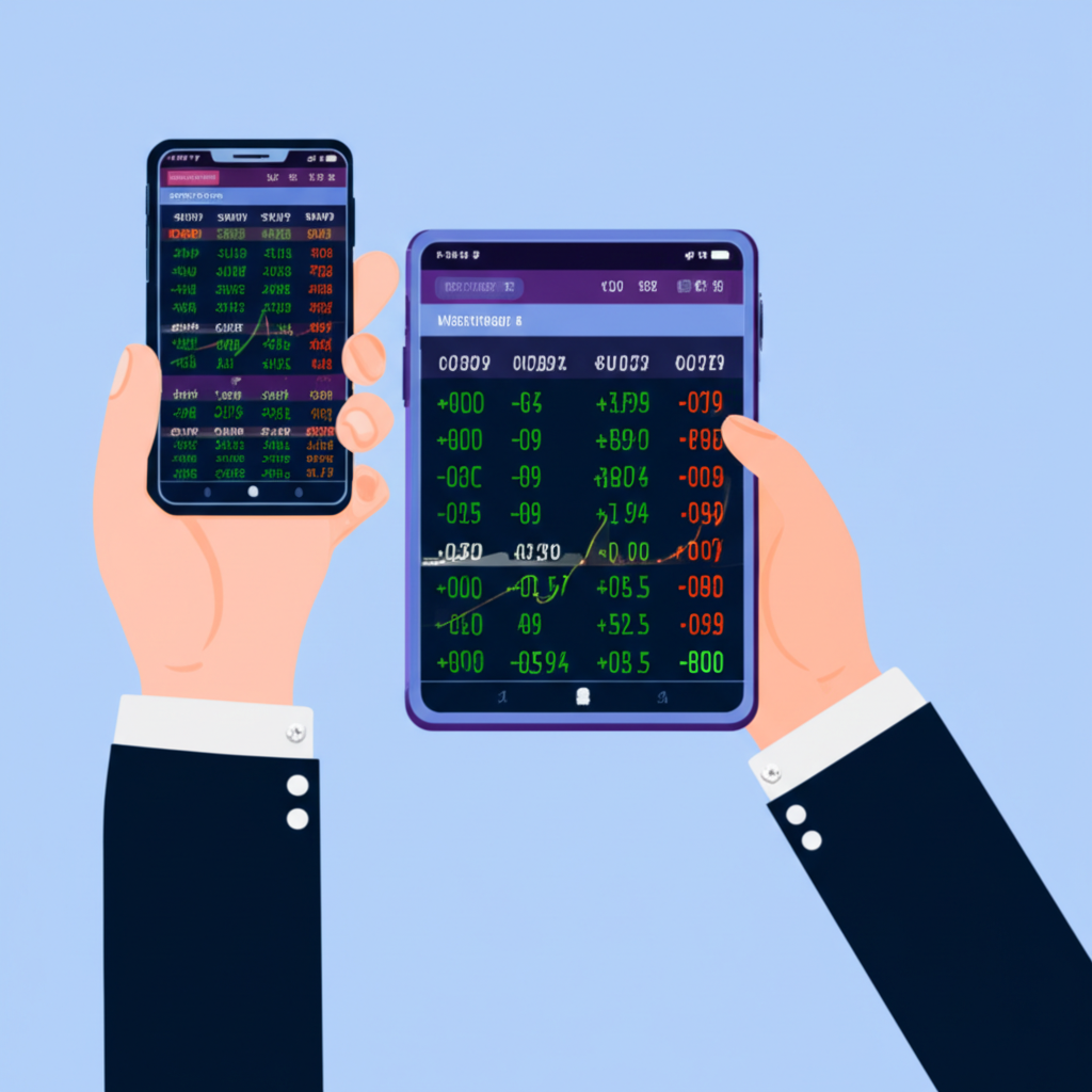 person holding smartphone and tablet with MetaTrader 4 mobile app showing market quotes and charts