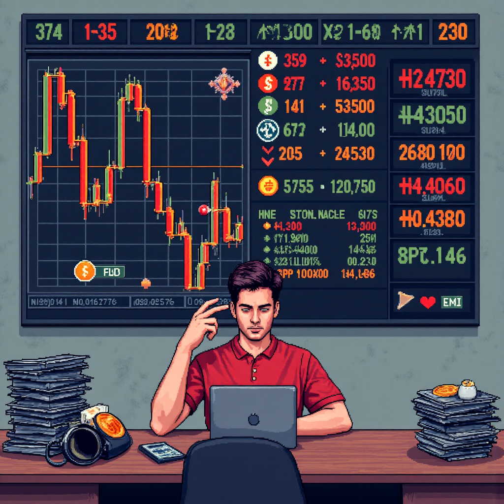 貨幣符號與加密圖標在混亂市場板上的動態像素藝術插圖，箭頭顯示價格快速變化與交易者應對波動