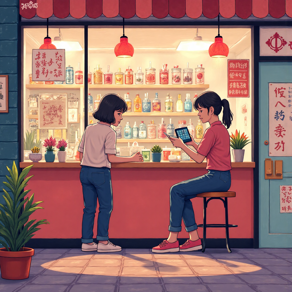 台灣手搖飲店店主計算利潤的像素藝術插圖，溫暖燈光與微笑顧客