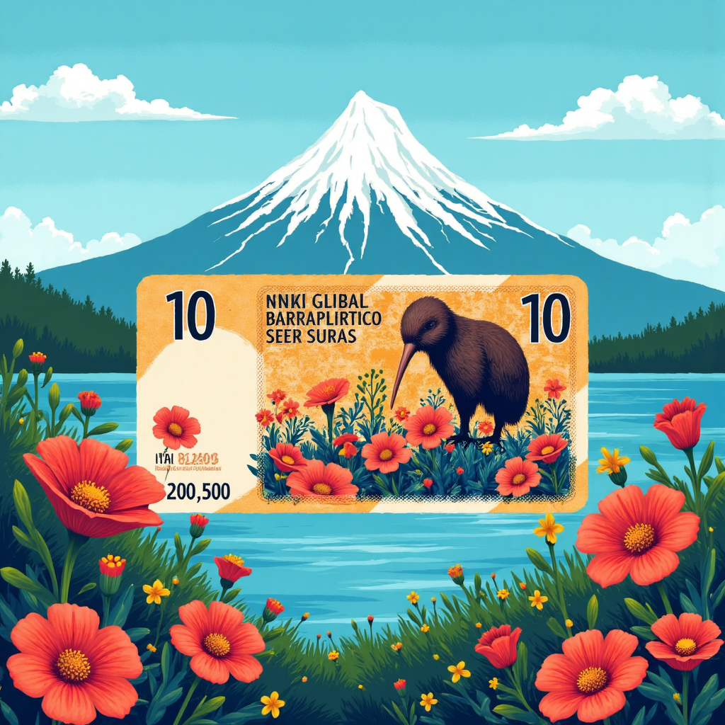 紐西蘭元紙鈔像素藝術插圖，描繪奇異鳥和本土植物，背景為雄偉山脈與藍天