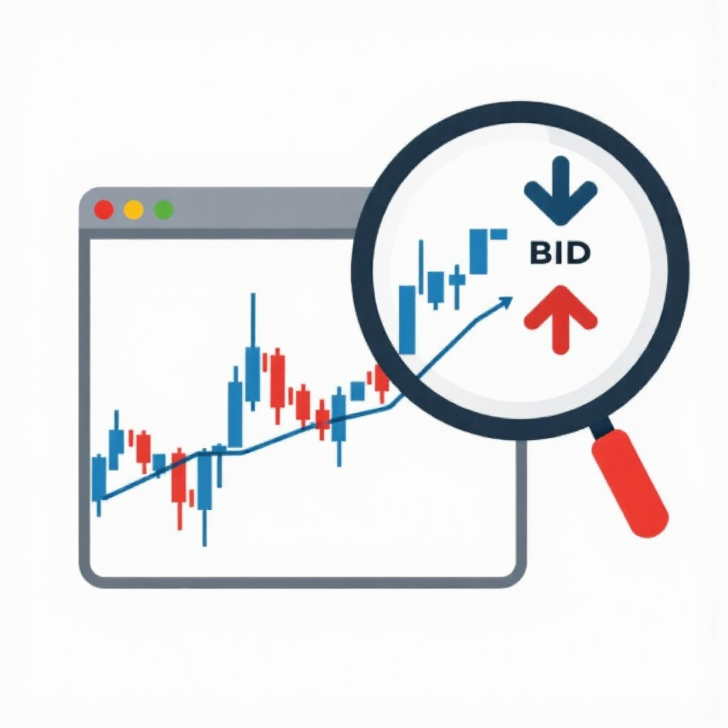 放大鏡檢查股票圖表，指向買入價和賣出價差異的分析圖示