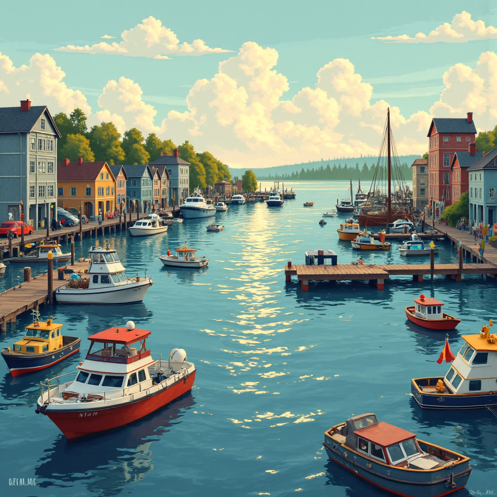 投資類型如港口的像素藝術比喻圖,MMF 作為安全停泊處容納小船,背景為溫和日出