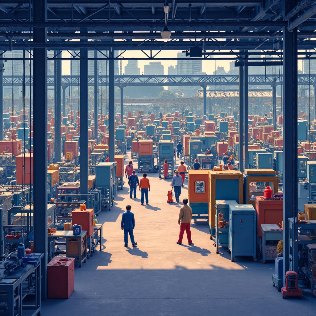 抽象線圖顯示經濟數據波動,融入齒輪與工廠輪廓,像現代像素藝術遊戲風格