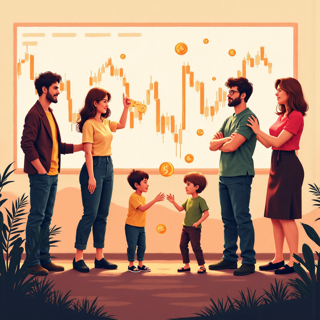 多元人群圍繞波動數字貨幣圖表，周圍浮動各種貨幣符號的像素藝術插圖，溫暖樂觀燈光