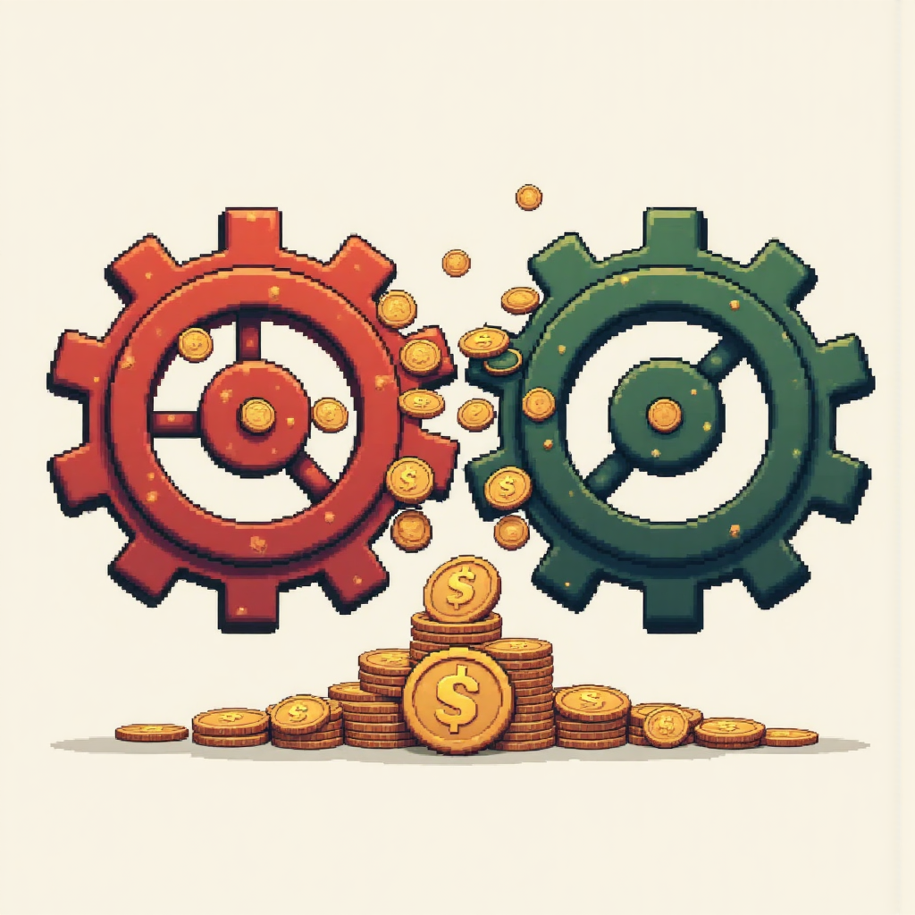 像素藝術風格的錢幣被買入價和賣出價齒輪擠壓，象徵權證交易的隱形成本