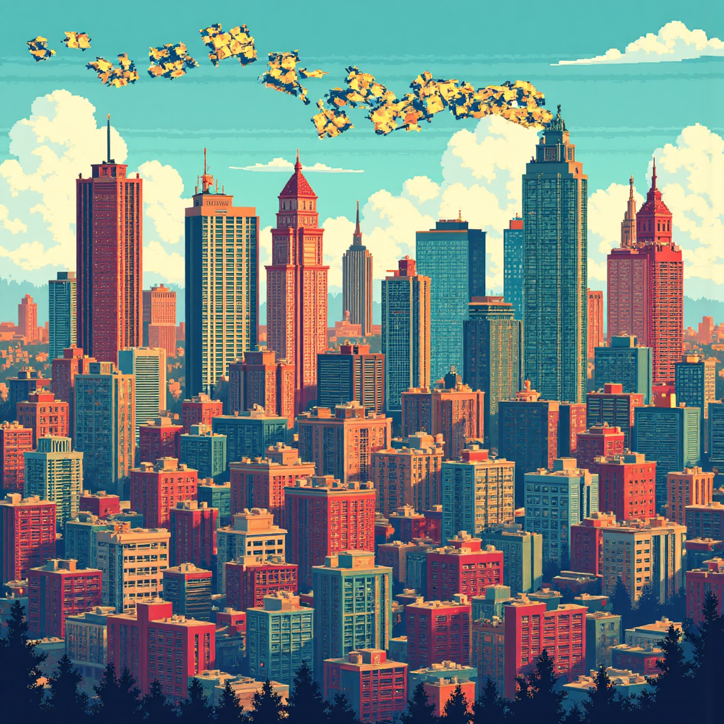 政府建築釋放金錢和稅務符號進入繁華城市天際線的活力像素藝術插圖