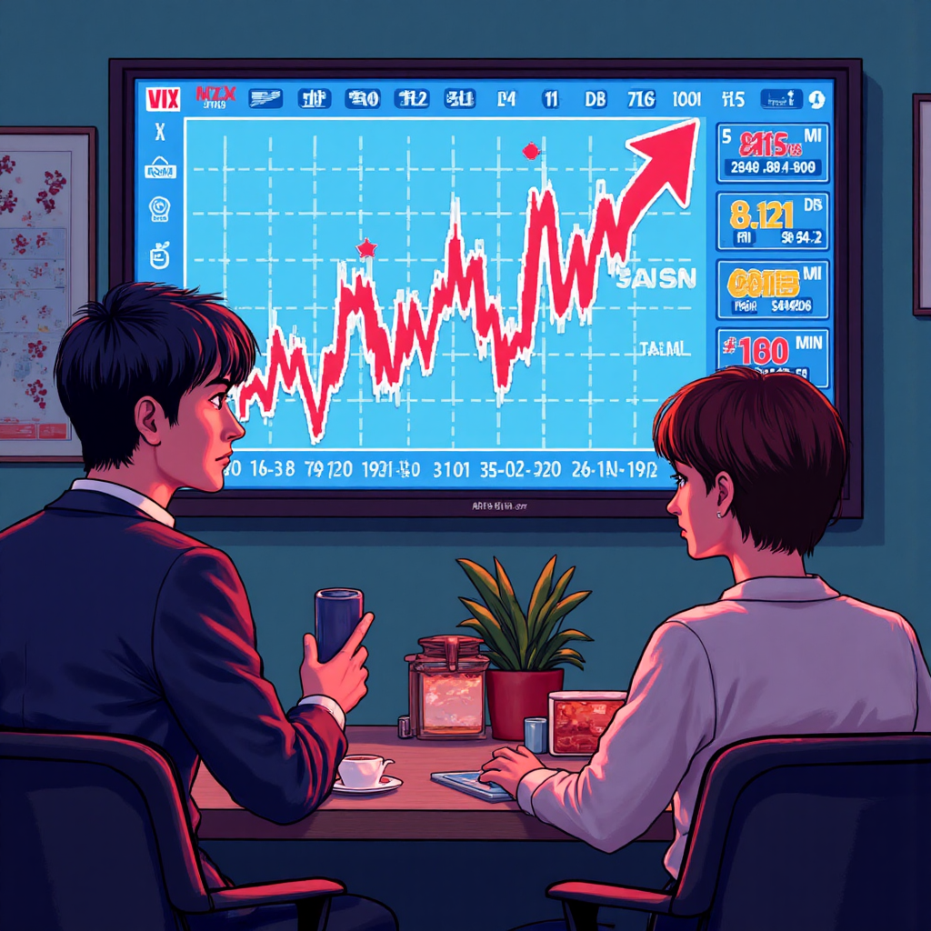 台灣投資人注視戲劇性VIX圖表的生動插圖，臉上混雜擔憂與策略思考