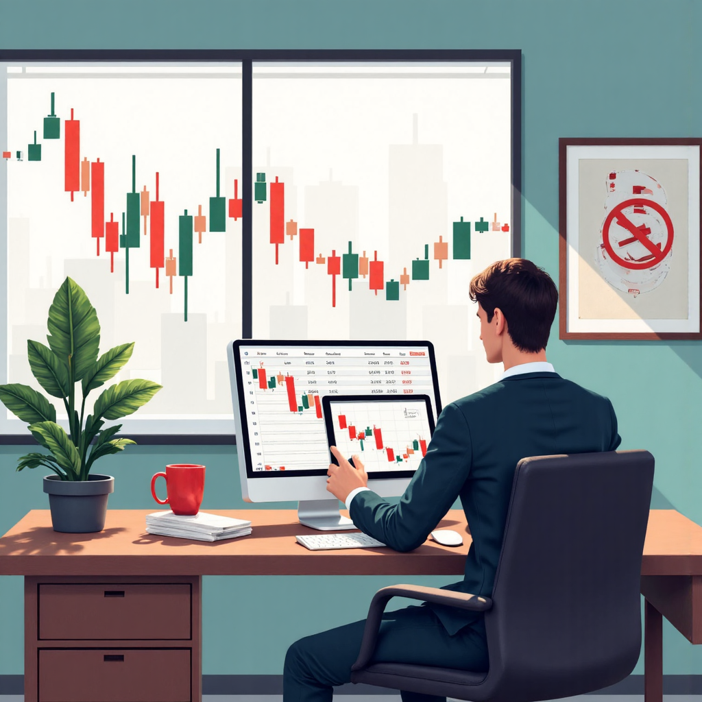 金融交易像素藝術圖示，顯示向下趨勢圖表與交易員在現代辦公室中使用平板下賣單，營造平靜專注氛圍