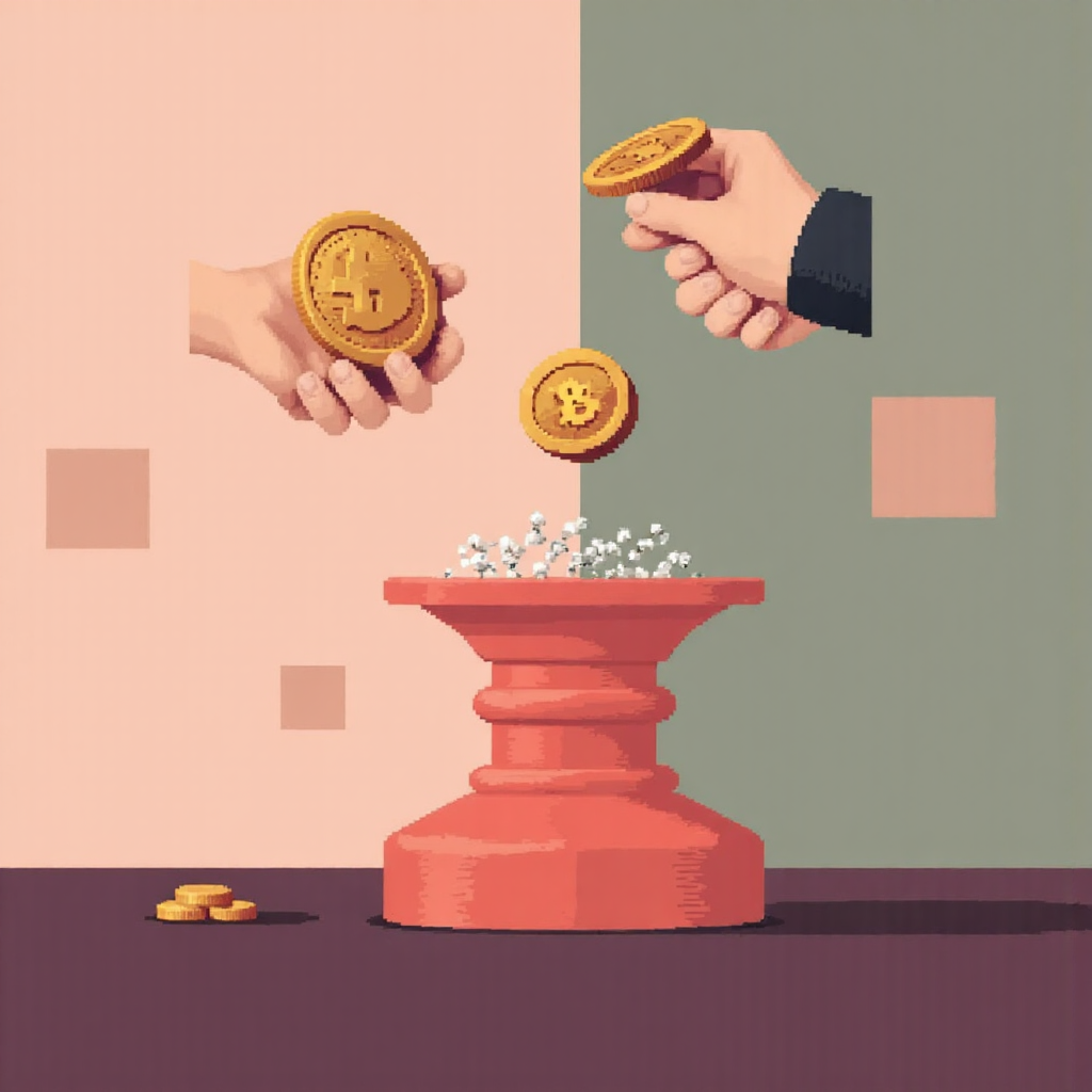 像素藝術中手部拋接兩枚硬幣，一枚象徵高賣獲利，另一枚代表低買成本，對比背景傳達策略性風險與回報