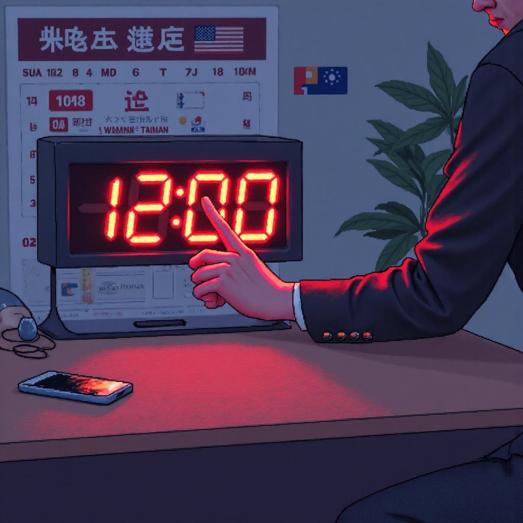 數位時鐘顯示美國CPI公布時間，融入美國與台灣旗幟的現代像素藝術插圖