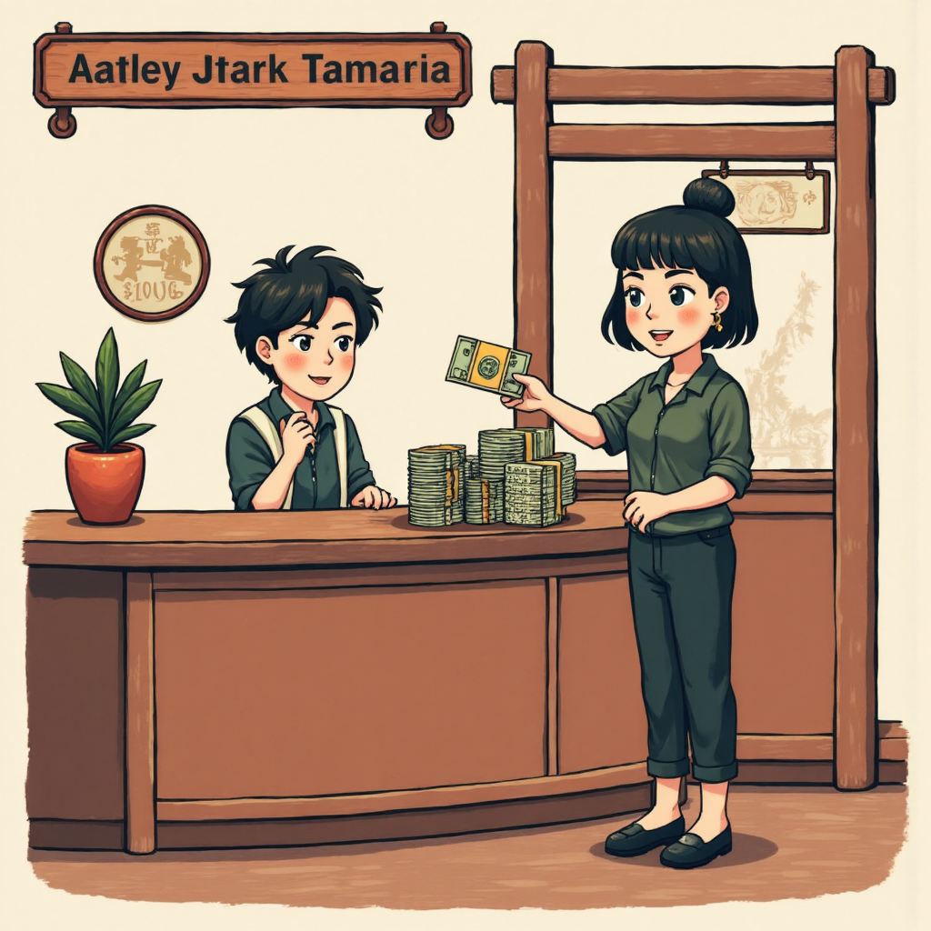 像素藝術插圖，描繪旅客在銀行櫃台兌換台灣貨幣為紐西蘭元，與友善的櫃員