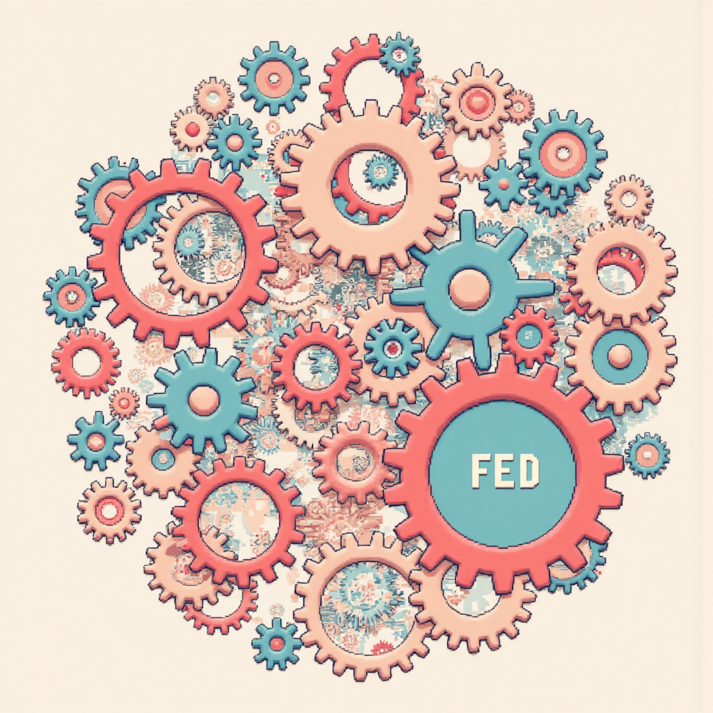 全球經濟力量的互聯齒輪圖示，中央Fed齒輪影響台灣經濟的小齒輪，以柔和粉彩色調呈現現代像素藝術風格