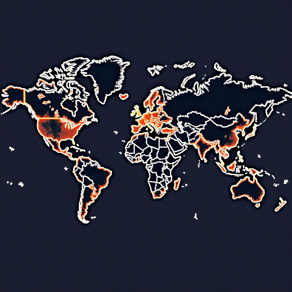 世界地圖經濟指標像素藝術,顯示美日利率差異與資金流動箭頭