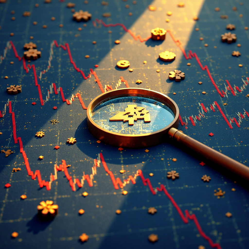 像素藝術風格的金融圖表插圖,顯示價格波動線條與合約符號,象徵市場分析與機會