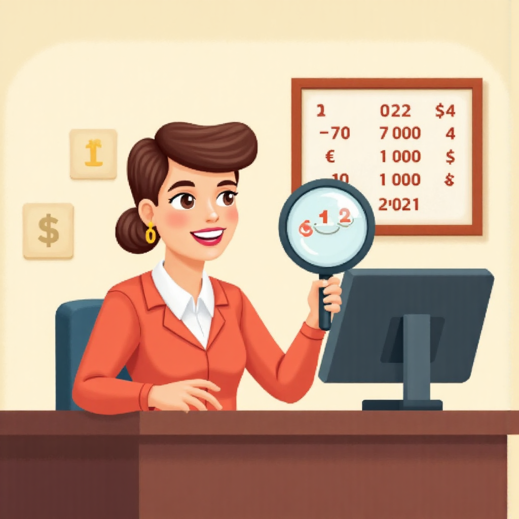 友好銀行職員用放大鏡解釋換匯點的像素藝術插圖