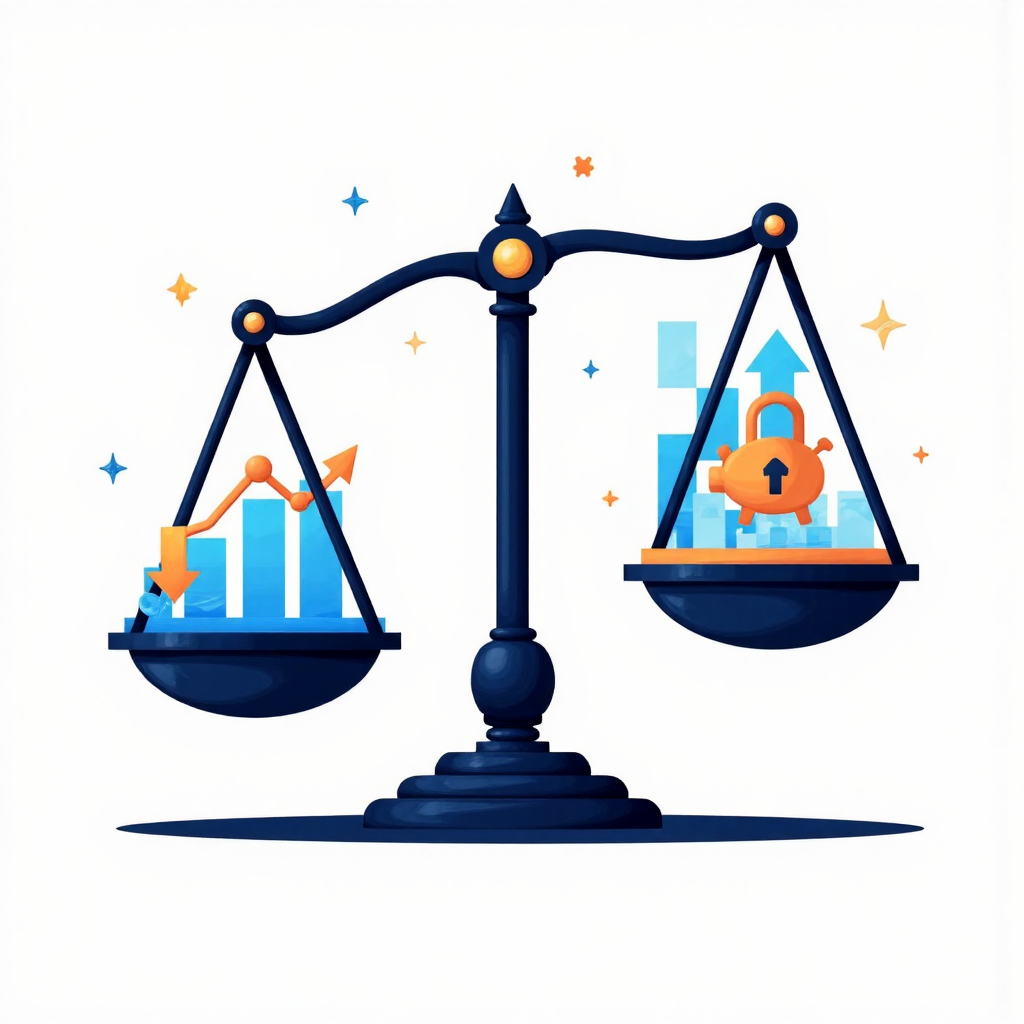 平衡天平插圖,一側鎖定存錢罐,另一側向上箭頭代表槓桿收益,對比向下風險,藍色科技風格