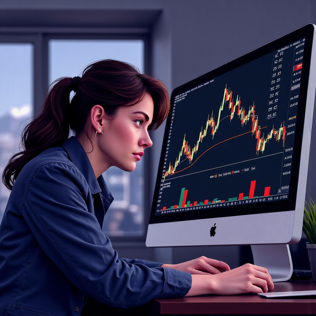 交易者專注分析顯示 ADX 指標線的發光股票圖表的像素藝術插圖