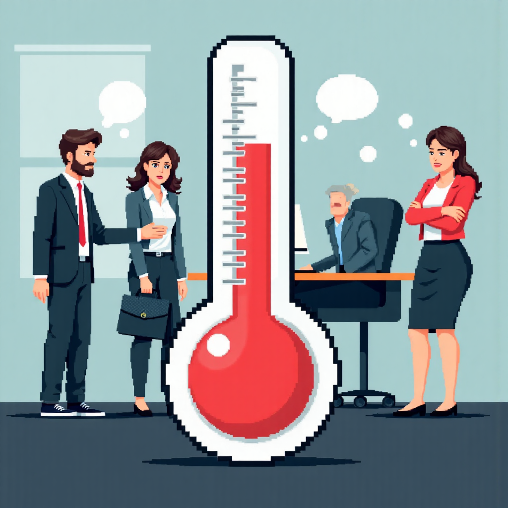 股市圖表中溫度計顯示紅色高焦慮水平,周圍環繞著擔憂的投資人
