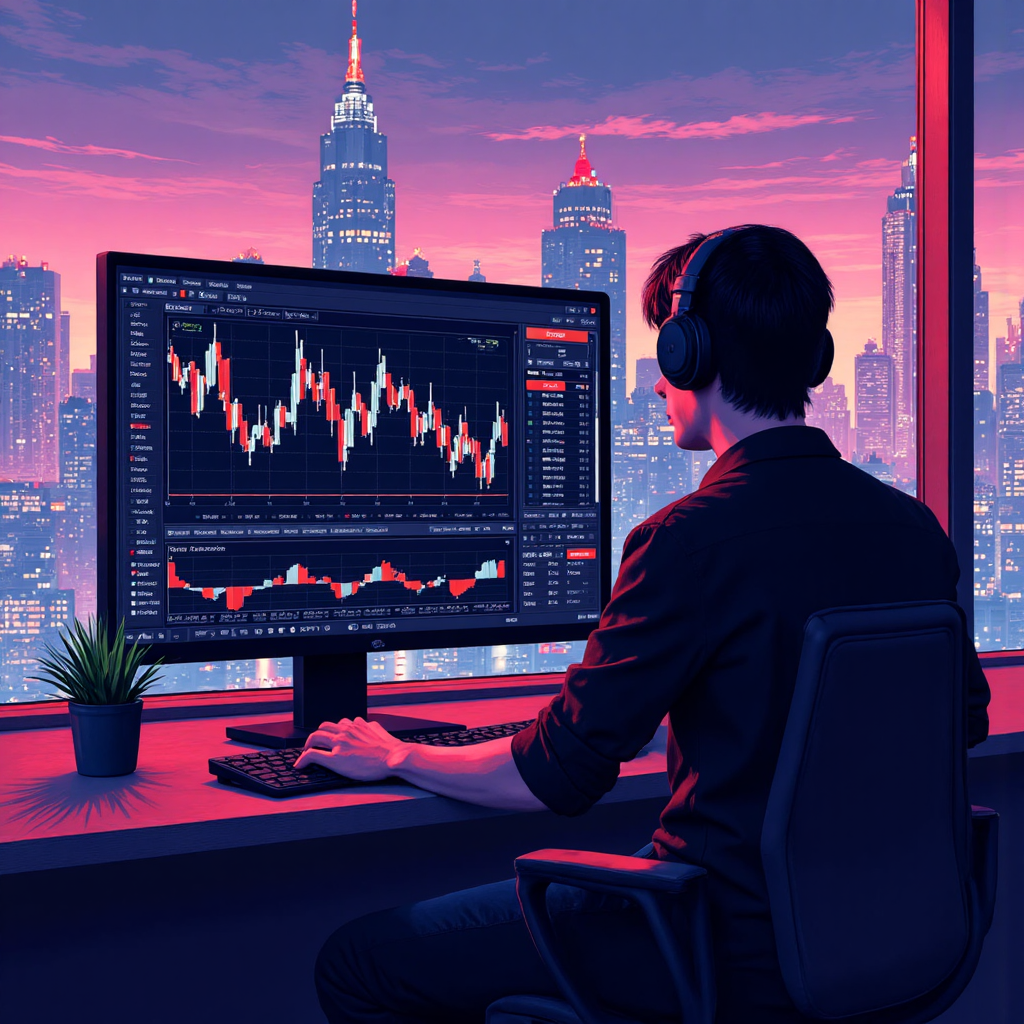 交易者觀看技術指標圖表,背景為未來城市景觀,象徵快速追求獲利