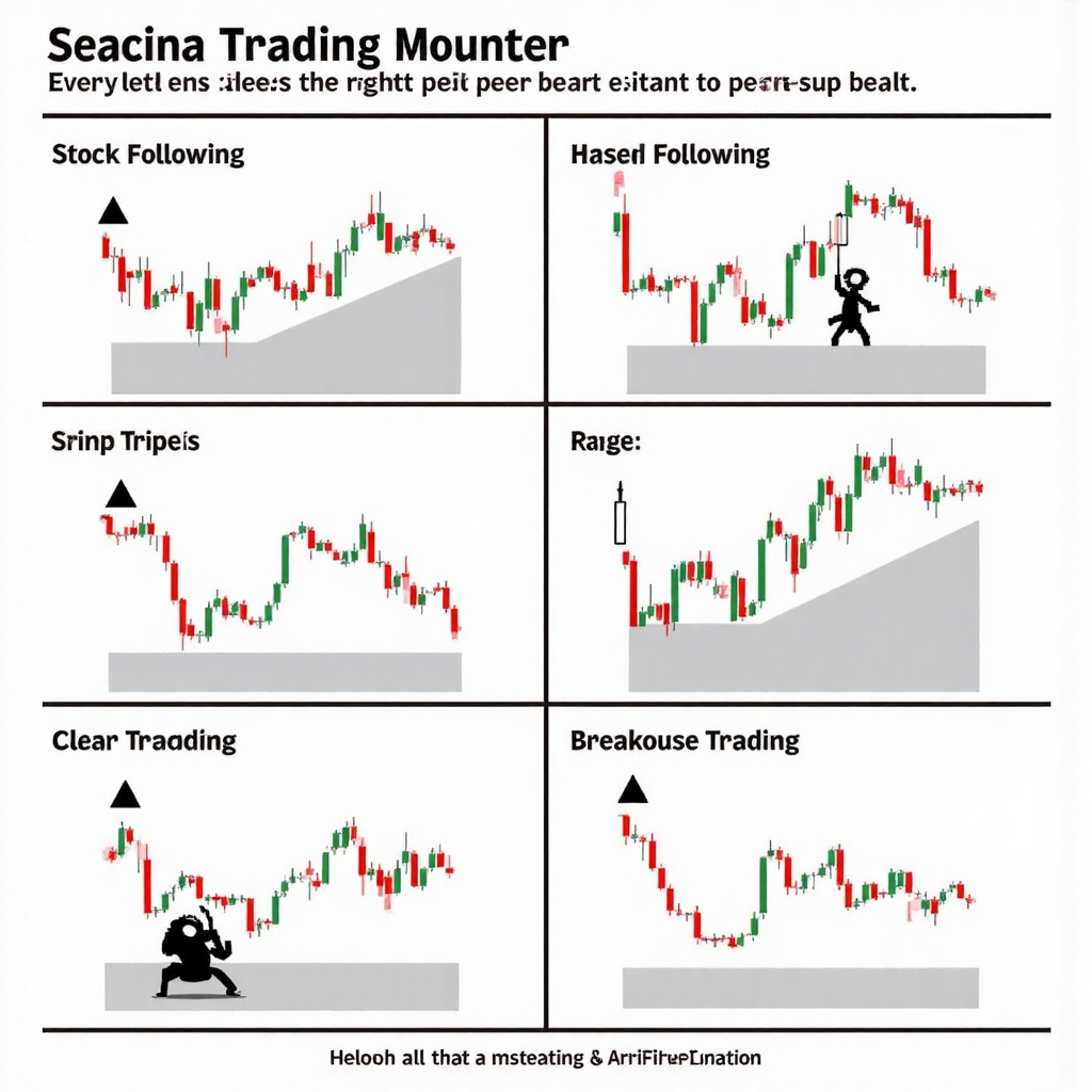 不同股票交易策略如趨勢追蹤、區間和突破交易的圖解,包含清晰視覺提示