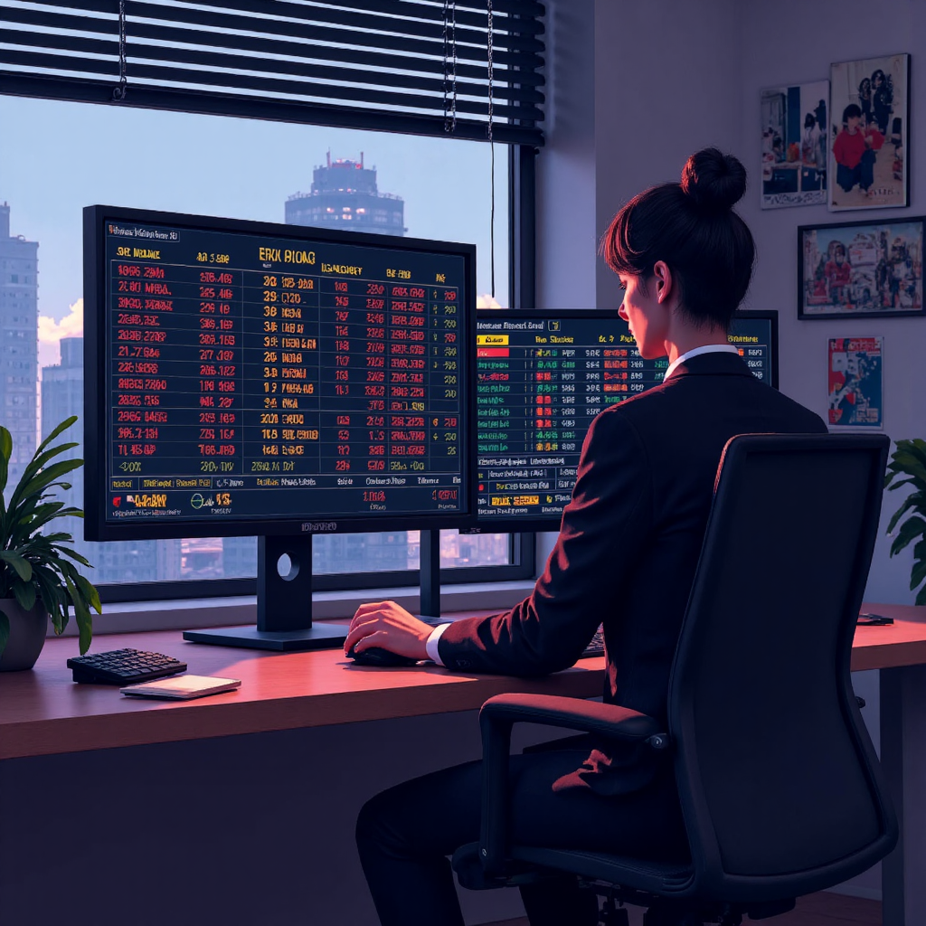 金融交易桌與德國和台灣股市數據圖表,像素藝術風格