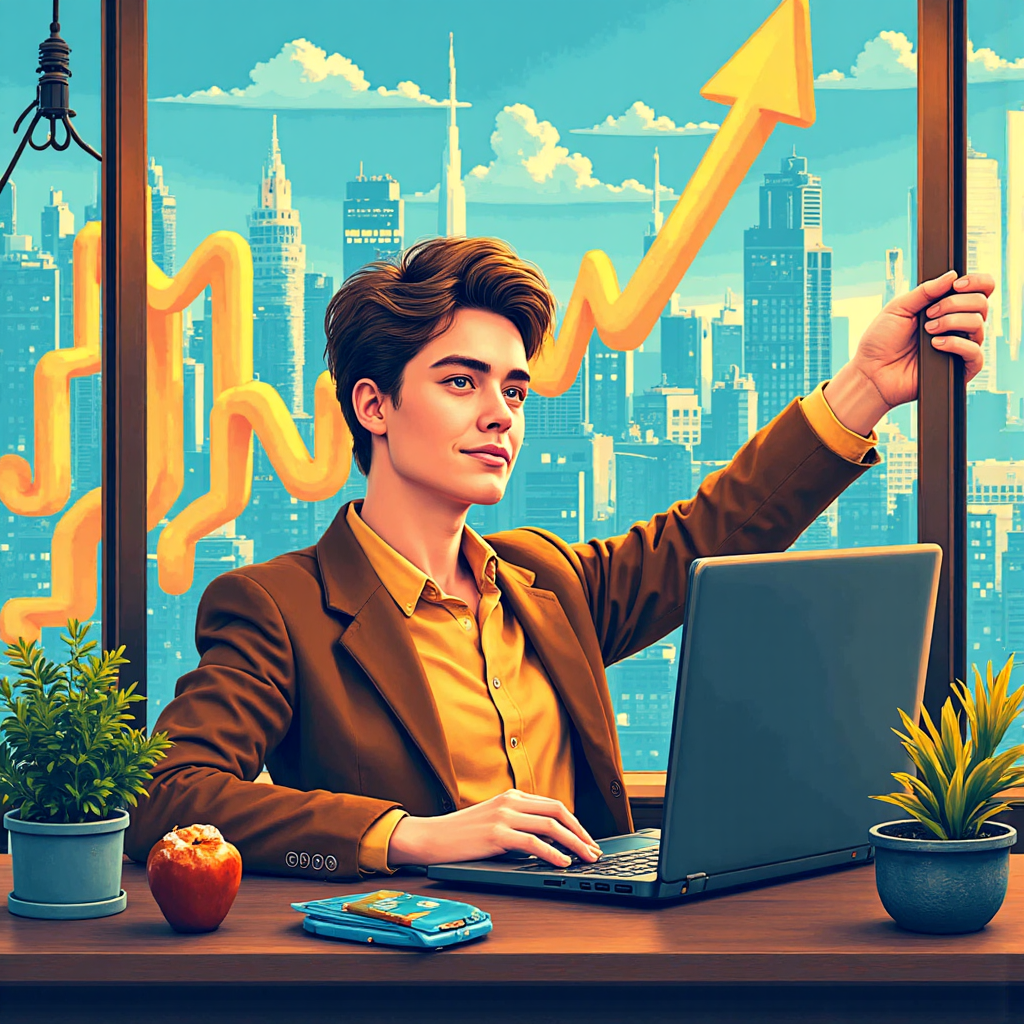 像素藝術風格的智慧交易者平靜導航活力金融市場，圖表與上升箭頭象徵順勢交易哲學