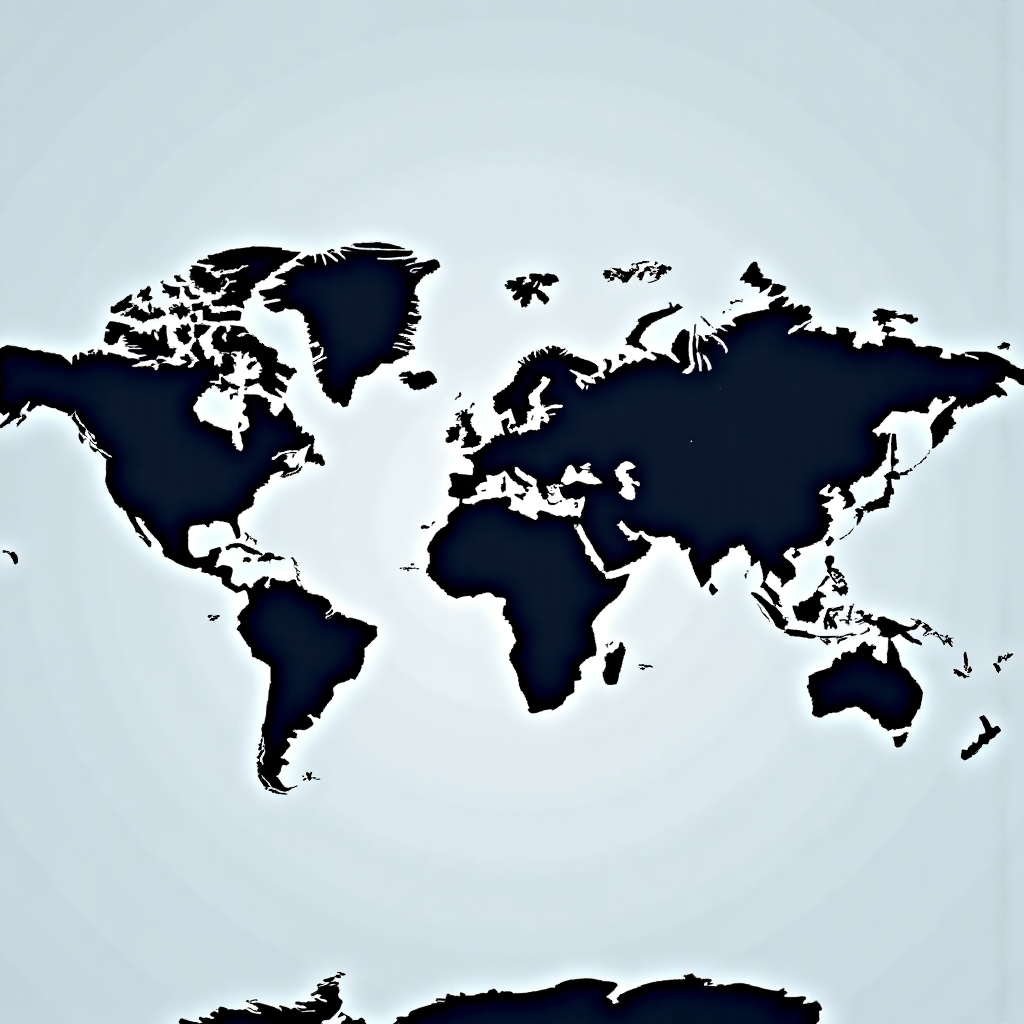 stylized depiction of a world map with interconnected lines representing global trade and finance with subtle currency icons and a rising graph